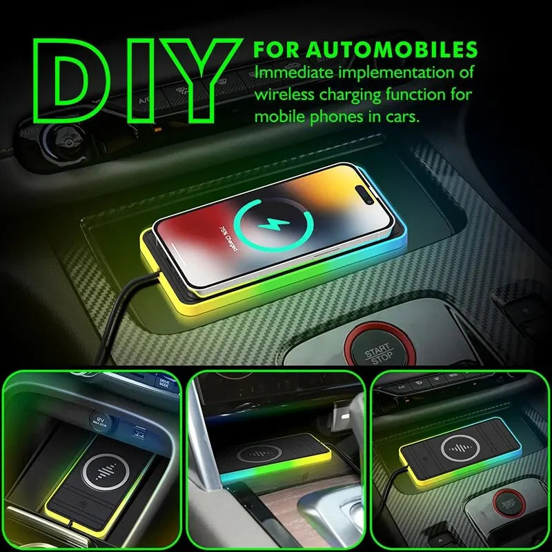 Almohadilla de carga inalámbrica rápida para coche con luz RGB para todos los teléfonos