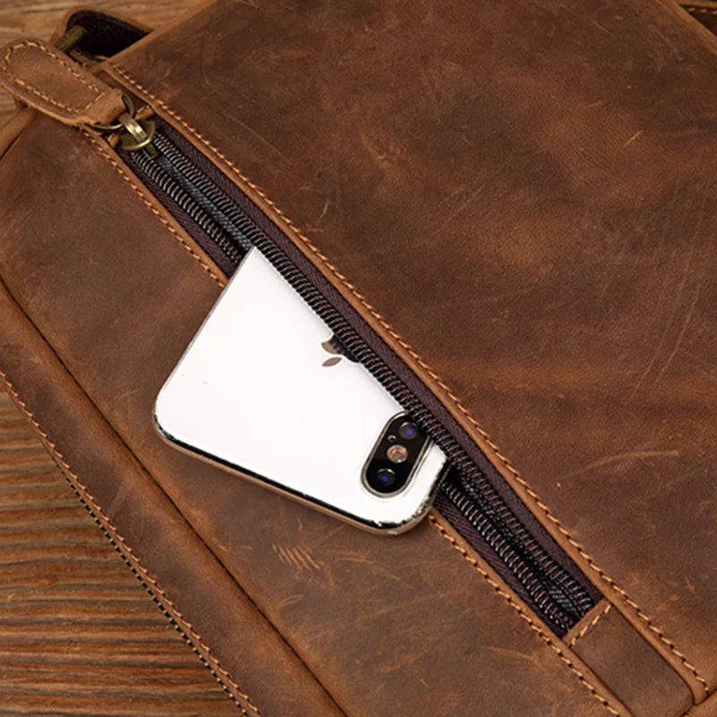 Handmade Crazy Horse Leather Crossbody Small Backpack for Men