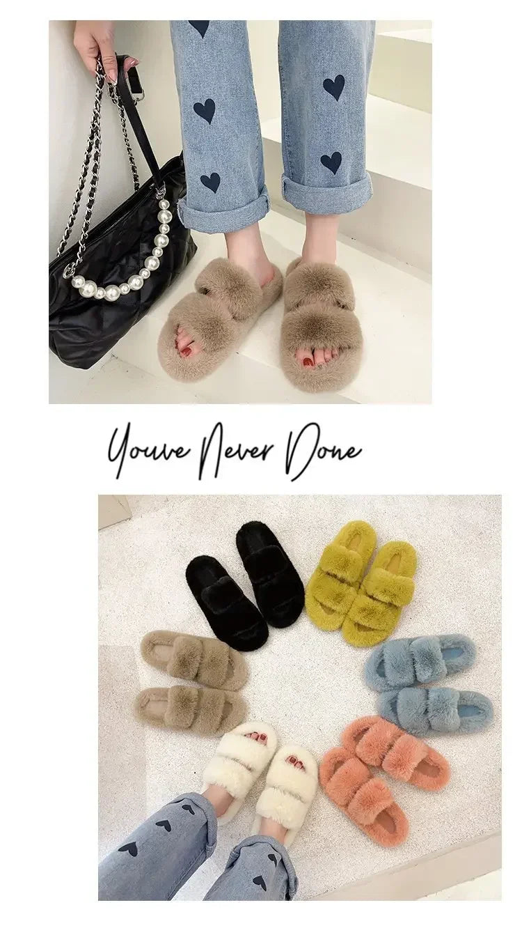 Cozy Double Fur Cross-Strap Plush Slippers | Warm Indoor Footwear