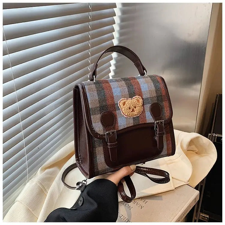 Cute Bear Backpack for Women | Vintage Plaid Student Bag