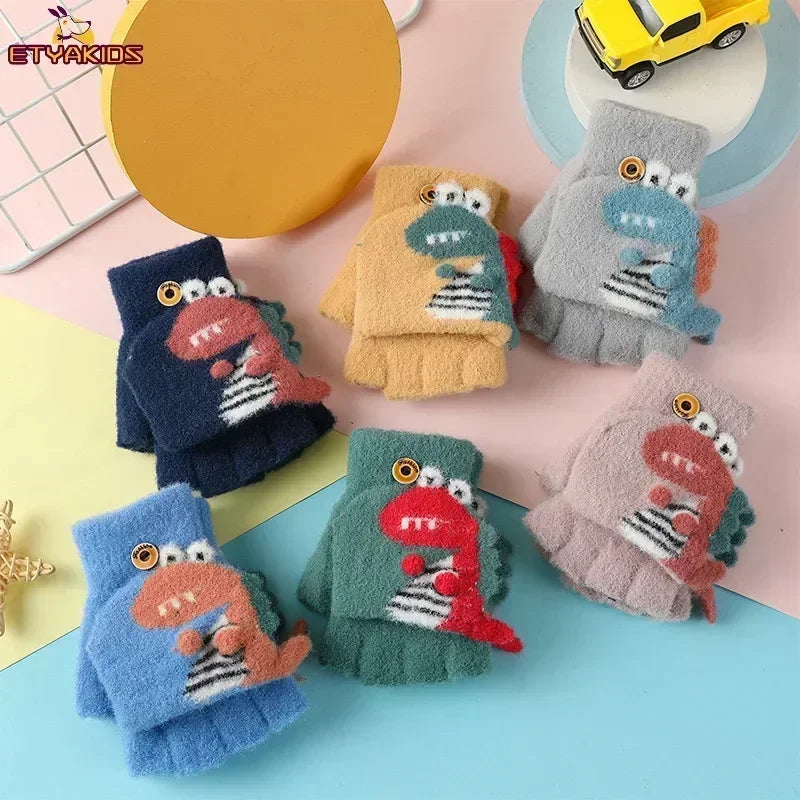 Kawaii Cartoon Dino Kids Half Finger Gloves | Winter Warmth for Fun