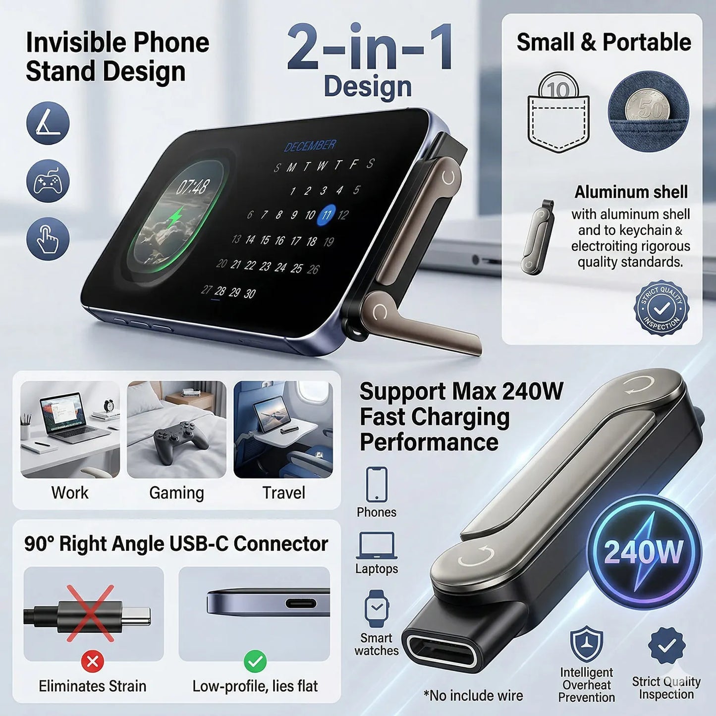 240W USB Type C Flat Charger & Foldable Phone Holder