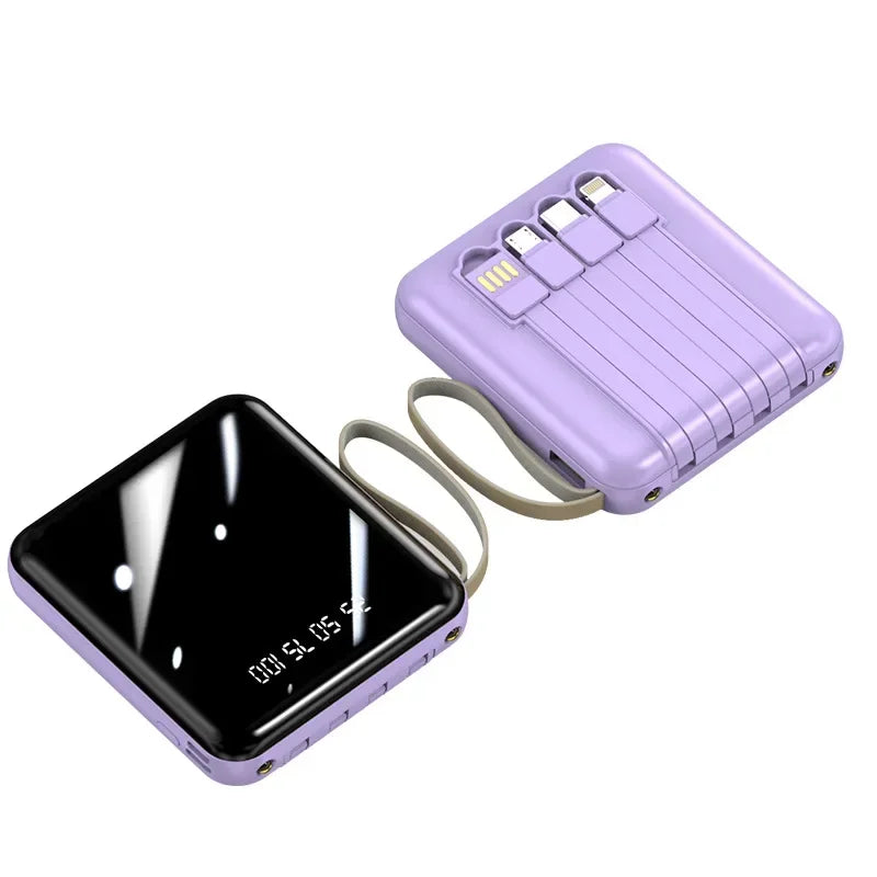 High-Capacity Mini Power Bank with LED Display & Built-in Cable