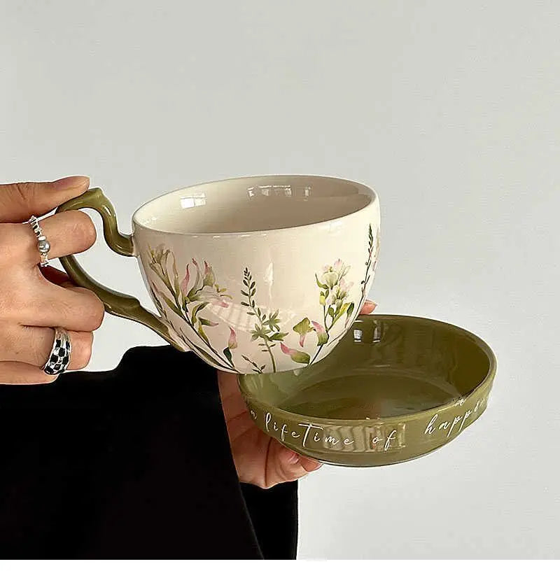 Large Capacity Ceramic Breakfast Cup with Lid | Rustic Coffee Mug Set