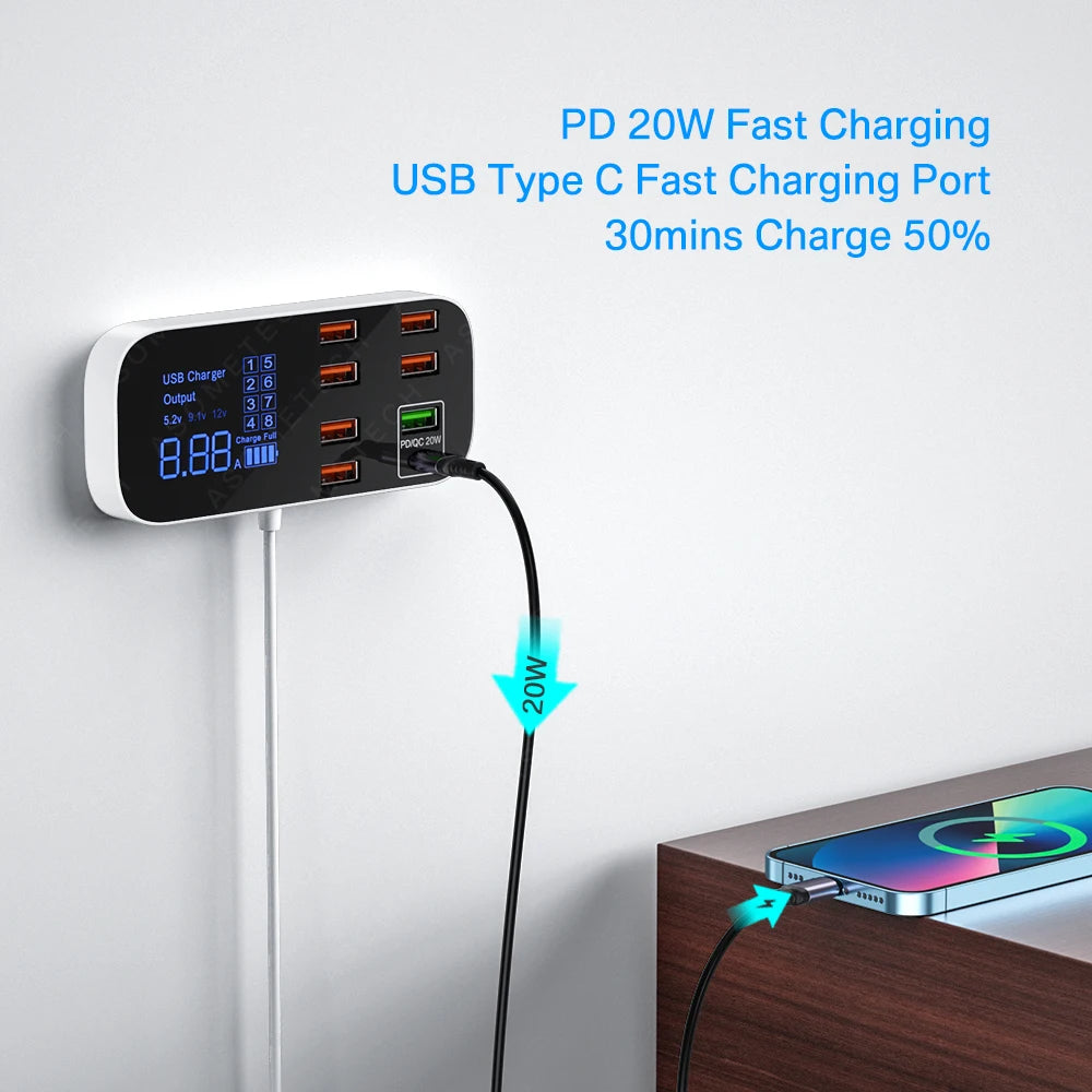 Cargador rápido USB de 8 puertos y 40 W | Estación de carga de viaje portátil