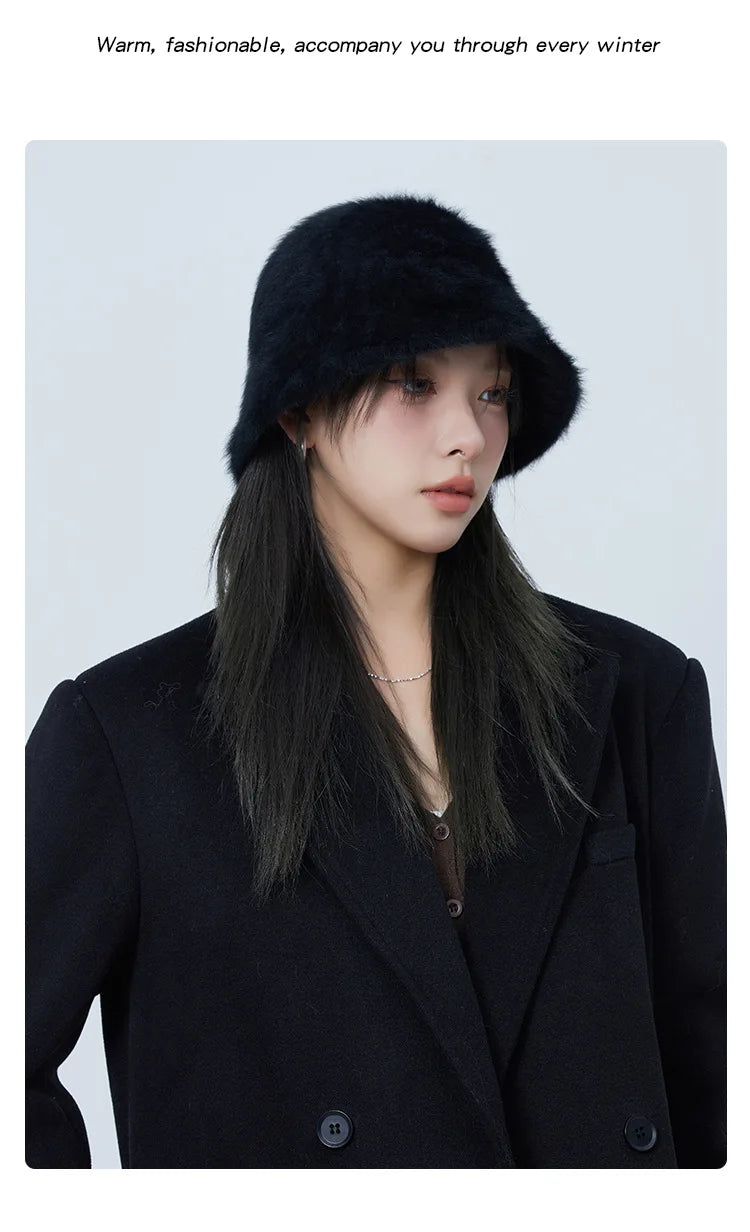 Oversized Rhinestone Rabbit Fur Bucket Hat | Stylish Warm Winter Cap