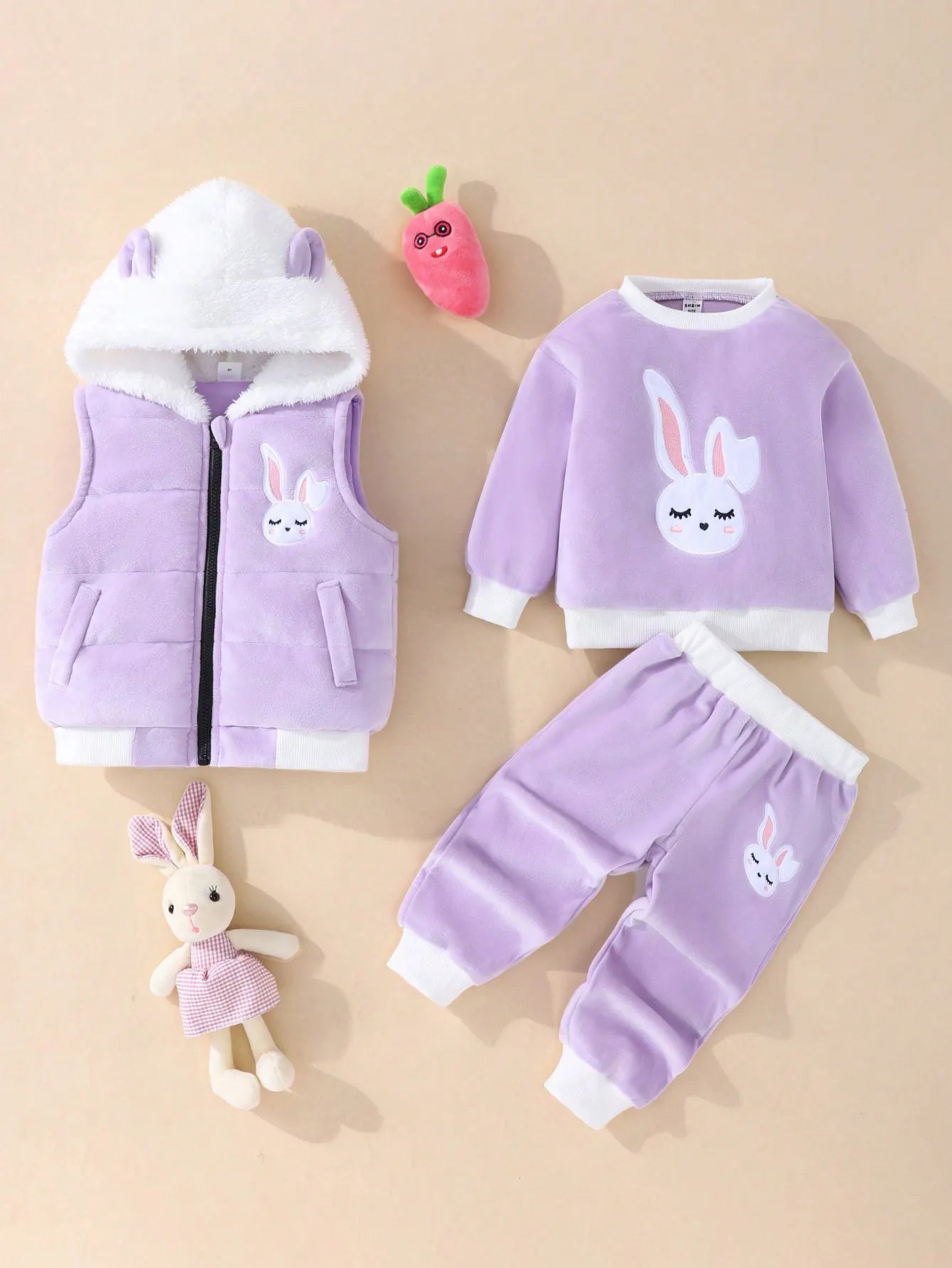 Bonito traje cálido bordado de conejo para bebé niña | Conjunto de 3 piezas