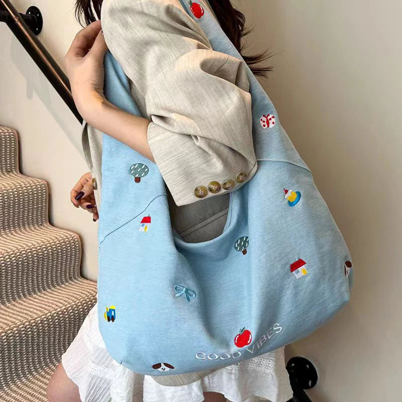 Stylish Embroidered Denim Tote Bag | Large Capacity Crossbody