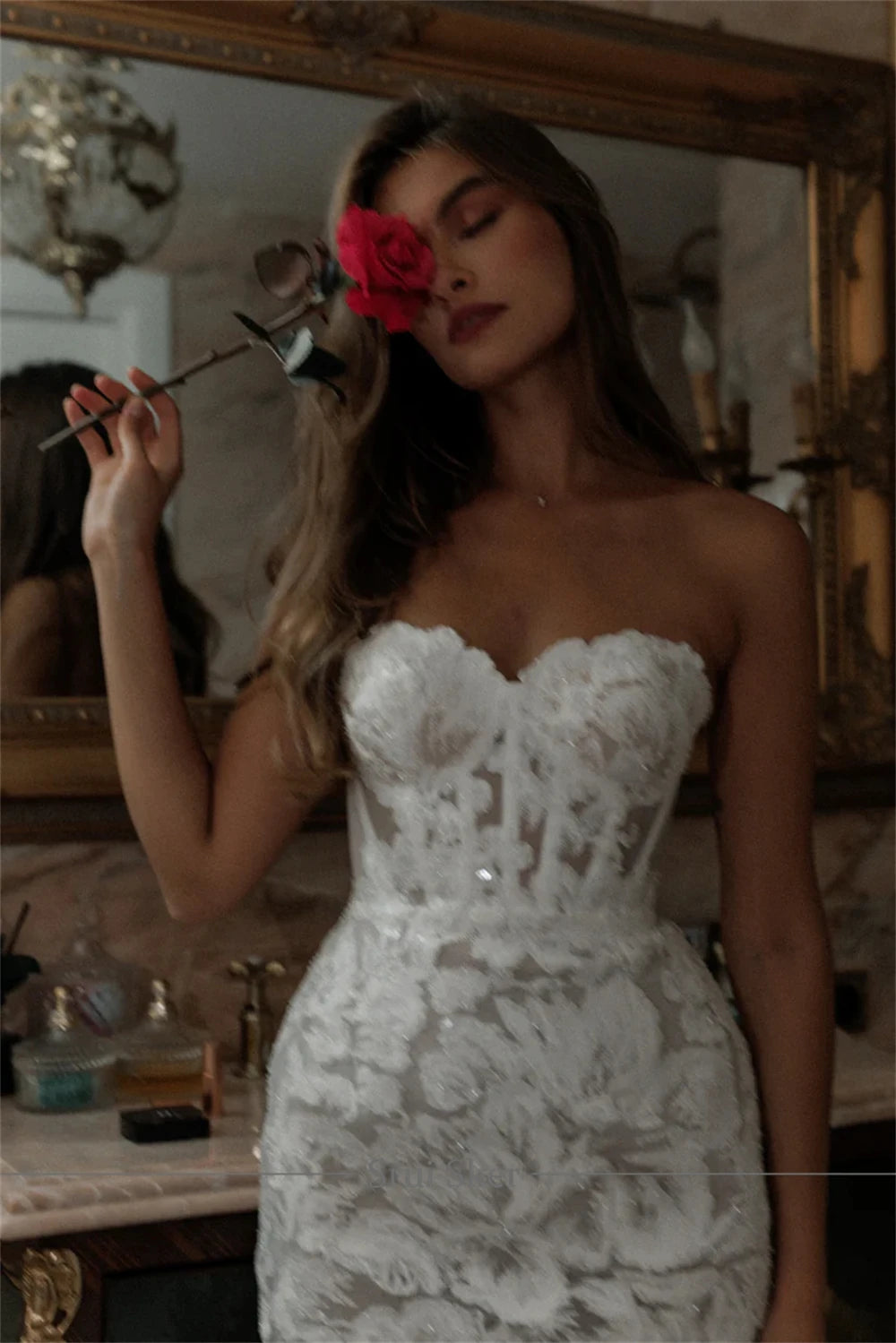 Customized Glitter Lace Mini Wedding Dress | Elegant Party Attire