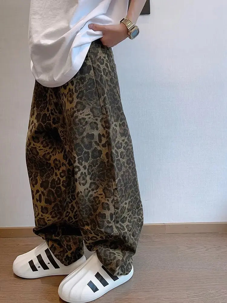 Men's Oversized Leopard Print Denim Jeans | Trendy Streetwear Style