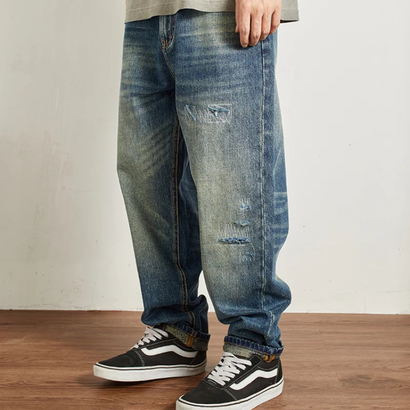 Men's Ripped Vintage Jeans | Casual Heavy Straight Leg Denim