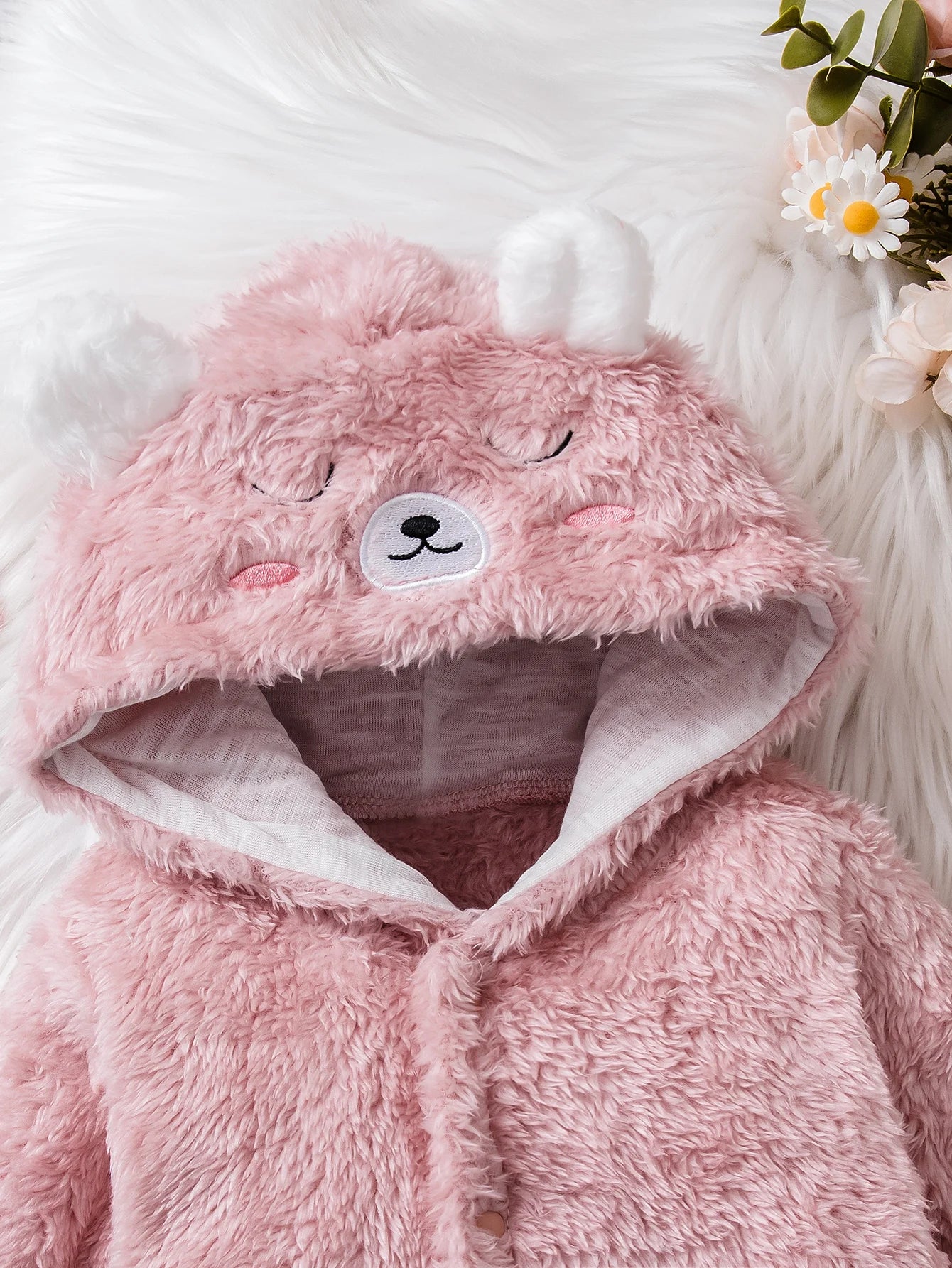 Cute Plush Hooded Jumpsuit for Baby Girls | Cozy Winter Romper