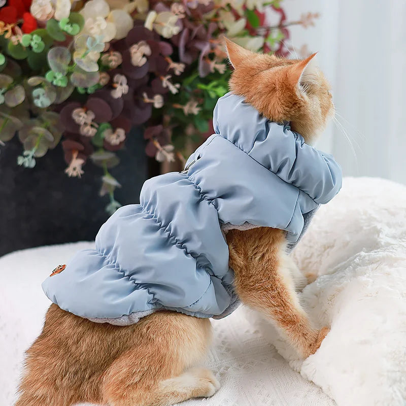 Chaqueta de plumón naranja cálido para gato con hebilla de tracción | Elegante abrigo para mascotas