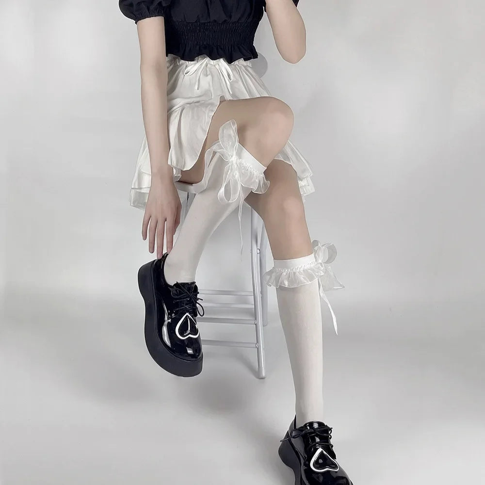 Kawaii Cute Black Stockings with Bowknot & Ruffles for Women