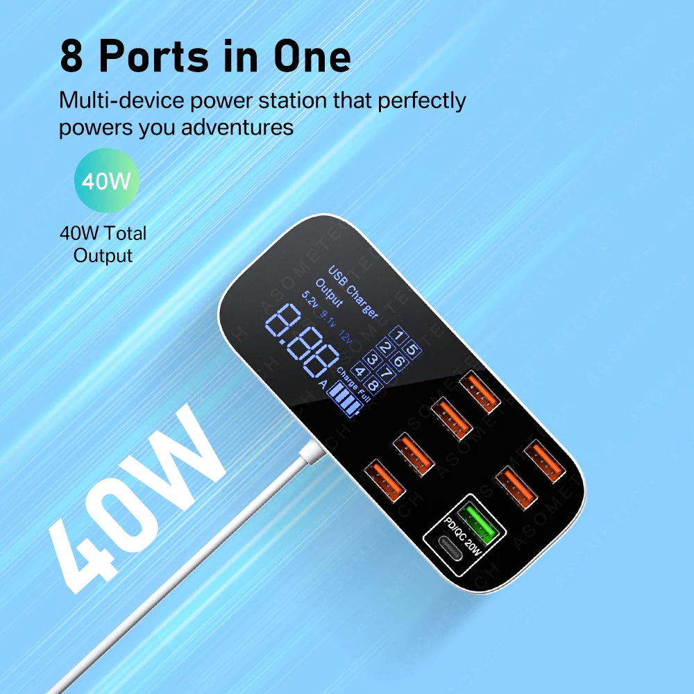 Cargador rápido USB de 8 puertos y 40 W | Estación de carga de viaje portátil