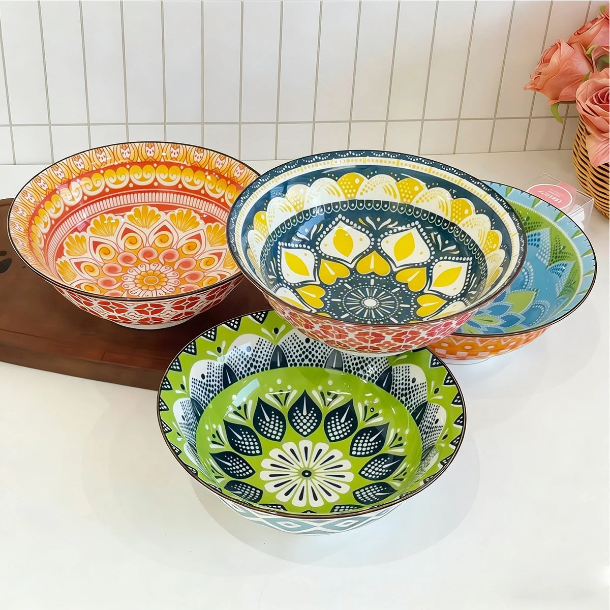 8-Inch Bohemian Ceramic Soup Bowl Set | Dishwasher & Microwave Safe