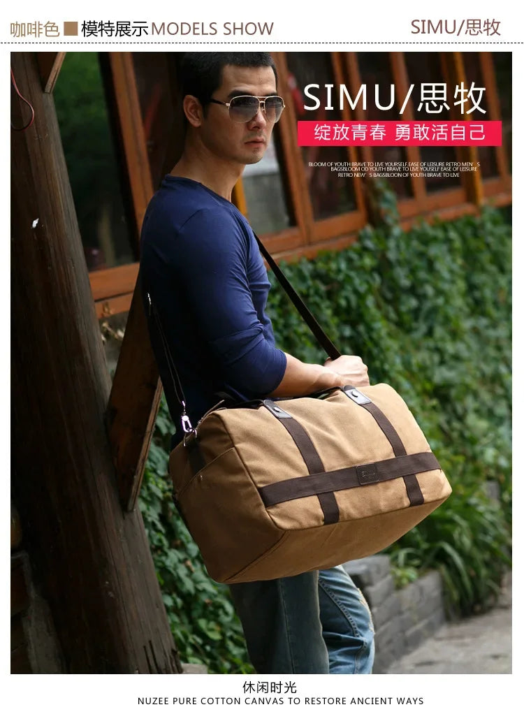 Large Capacity Casual Men's Canvas Travel Handbag | Lightweight Shoulder Bag