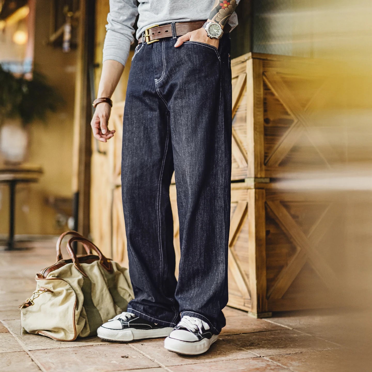 Men's Vintage One-Washed Denim Jeans | Casual Wide Leg Trousers