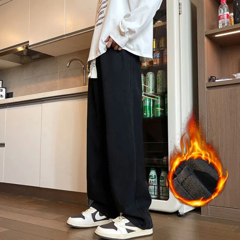 Thick Winter Men's Fleece Jeans | Warm Loose Plush Trousers