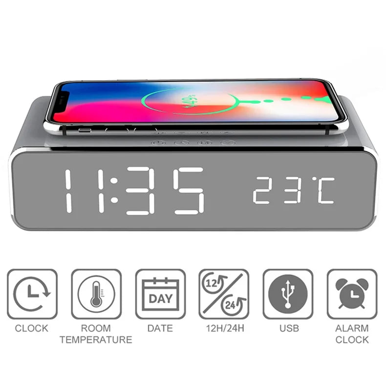 5W Wireless Charger Alarm Clock — Multifunction LED Digital Clock with Thermometer, Time Display & Fast Charging Dock for iPhone, Samsung & Qi-Compatible Phones