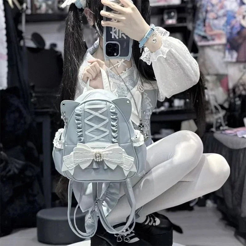 Mochila de piel sintética con orejas de gato y encaje | Elegante bolso de viaje