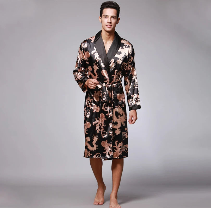 Traditional Japanese KIMONO Fashion YUKATA Oriental Gold Dragons Pattern Bathrobe Summer Men Ice Silk Robes Pajamas  Sleepwear