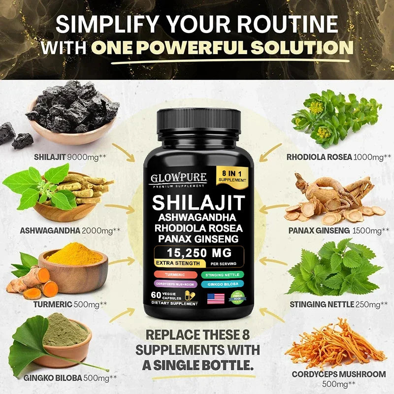 8 in 1 Shilajit Supplement with Ginseng & Ashwagandha for Optimal Health