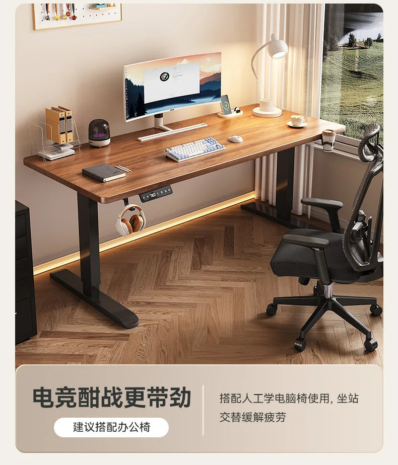 Electric Height Adjustable Solid Wood Computer Desk for Home & Office