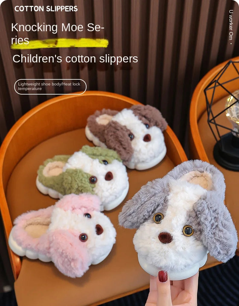 Cute Puppy Plush Slippers for Kids | Non-Slip Cozy Footwear