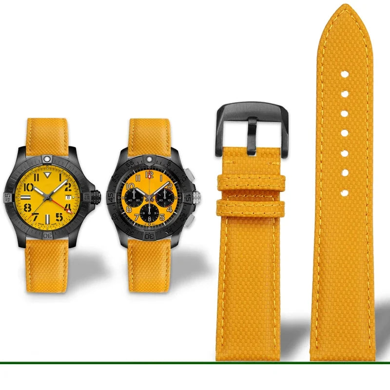 Versatile Yellow Nylon Leather Watch Strap | 22mm Men's Band