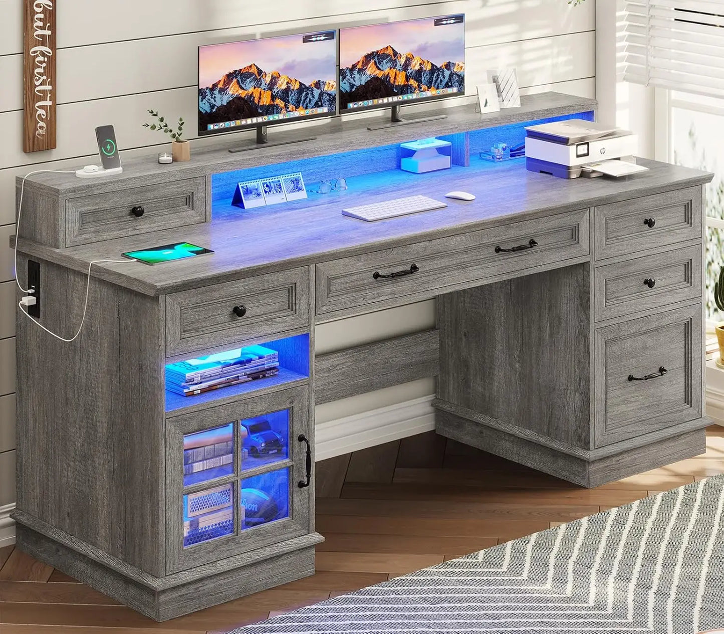 Modern Executive Desk with File Drawer & Monitor Stand | Home Office Furniture