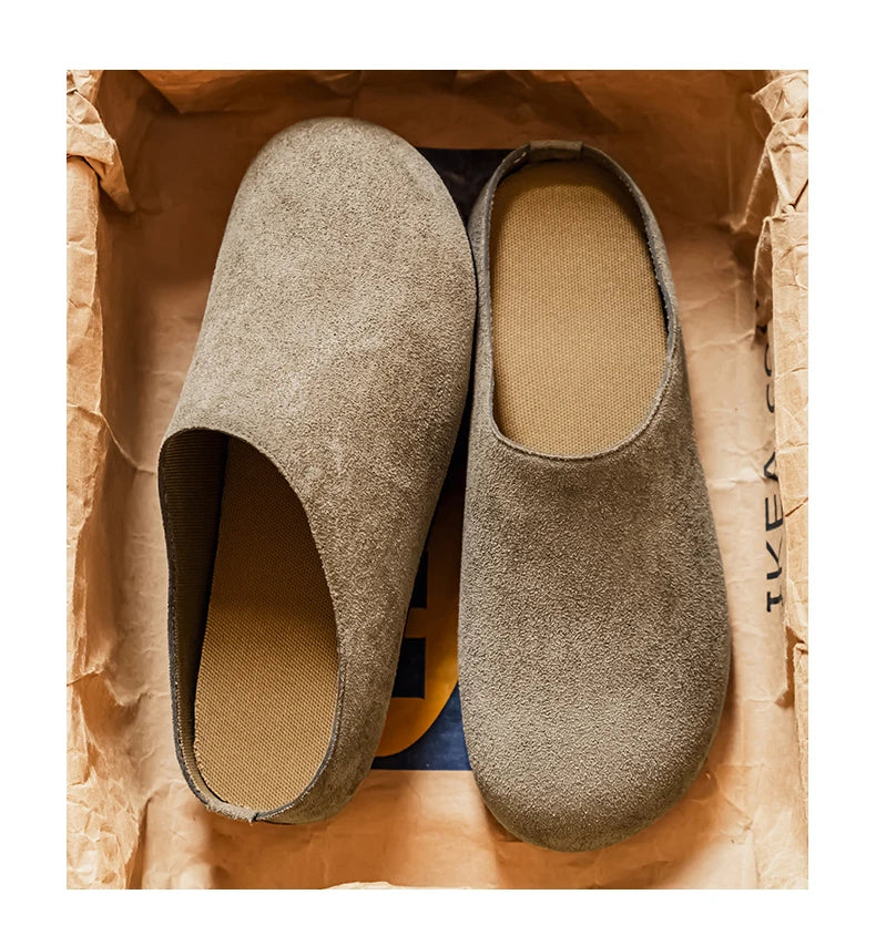 New Men's Slippers New Retro Solid Color Flat Bottom Women's Slingback Shoes Closed Toe Round Toe Suede Clogs Sandals Autumn