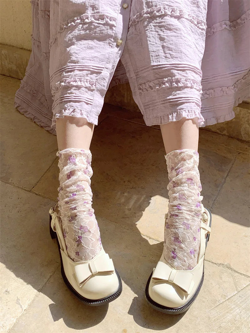 Stylish Korean Lace Flower Long Socks for Women | Breathable Comfort