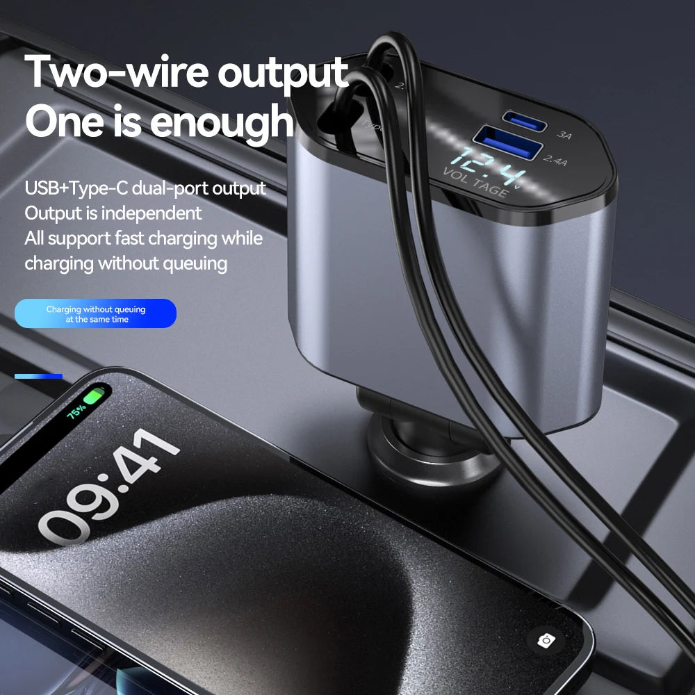 120W 4-in-1 Car Charger | Fast Retractable Charging Adapter