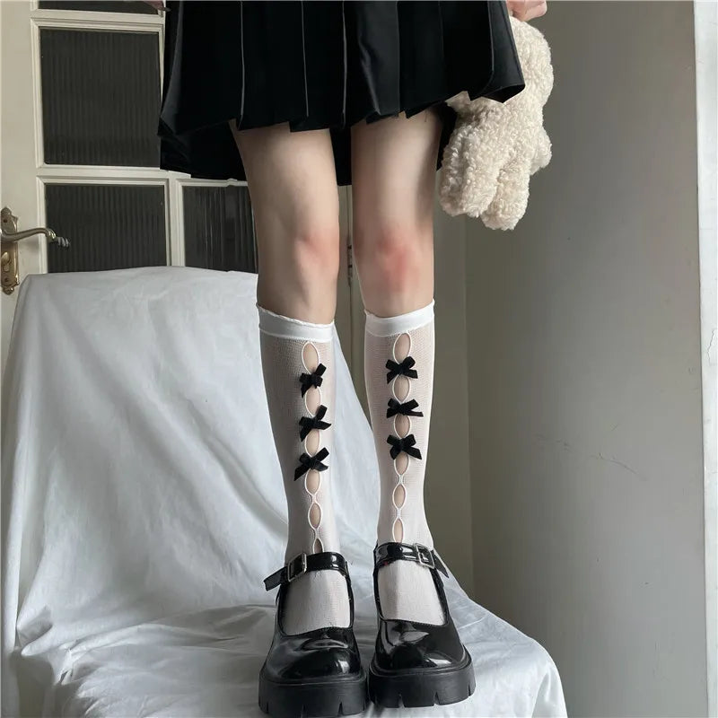 Kawaii Hollow Out Mesh Fishnet Socks | Cute Bow Long Stockings