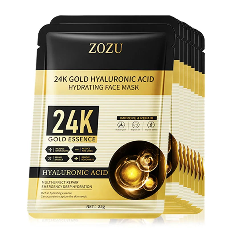 10pcs 24K Golden Hyaluronic Acid Face Masks for Glowing Skin