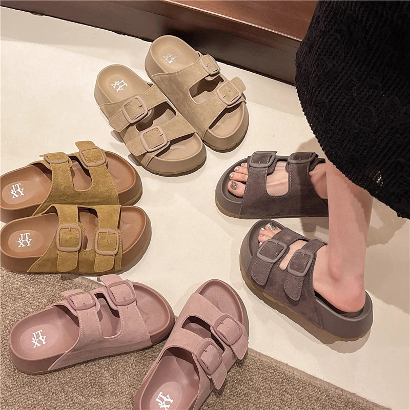 Comfortable Summer Women Slippers with Retro Buckle Design