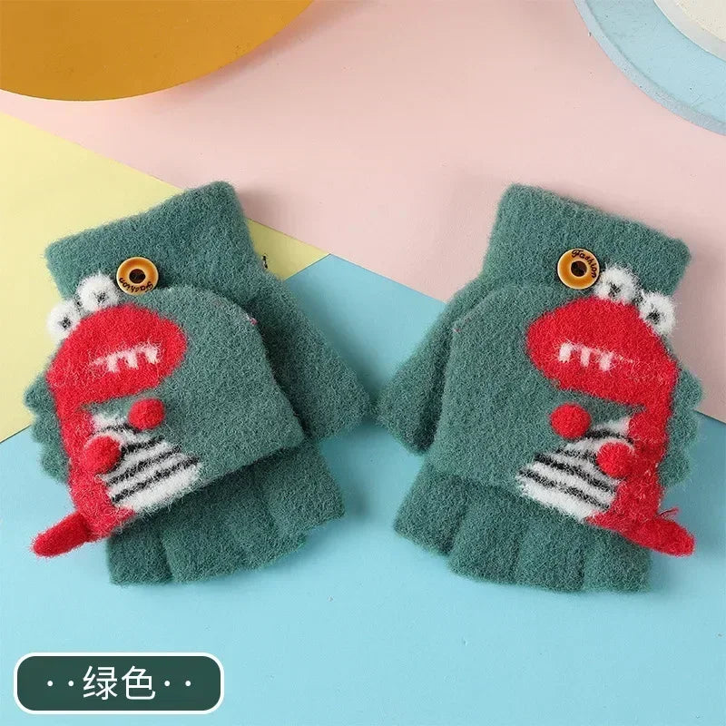 Kawaii Cartoon Dino Kids Half Finger Gloves | Winter Warmth for Fun