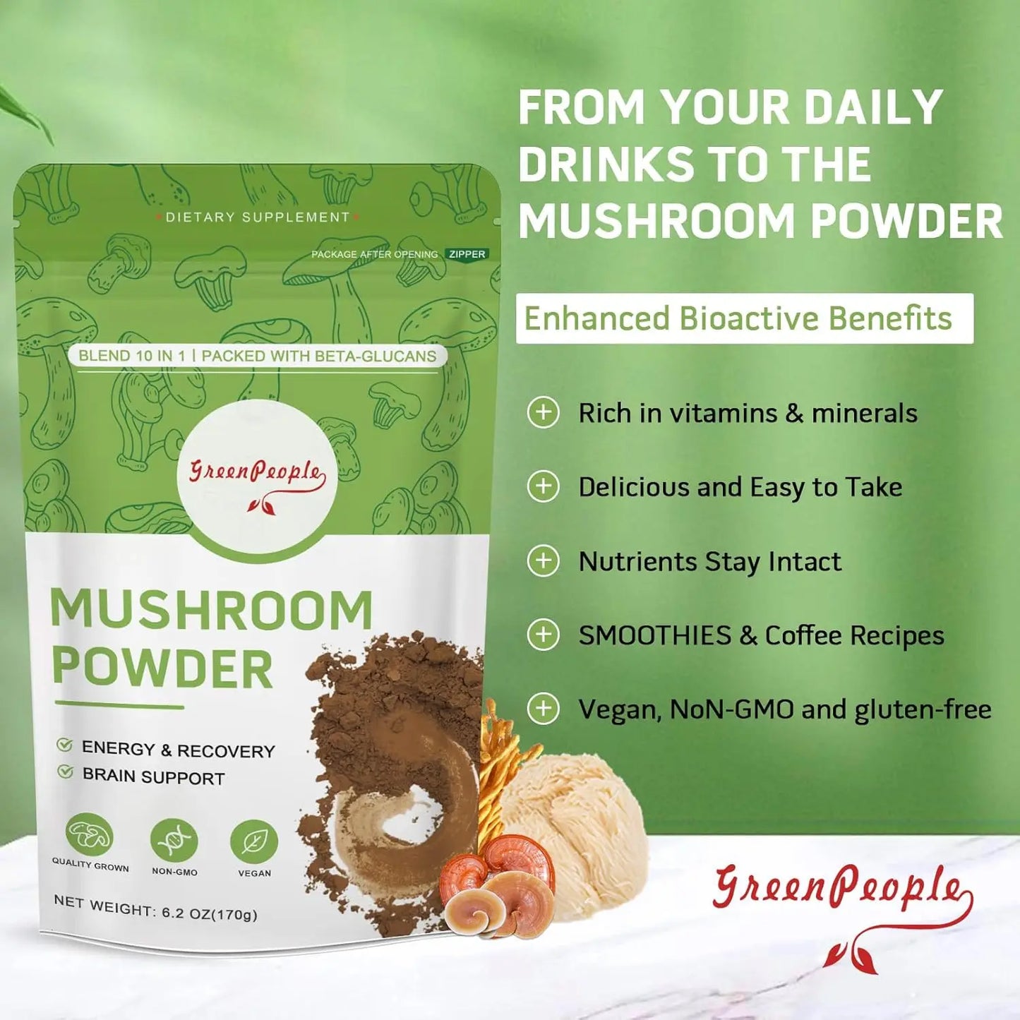 GREENPEOPLE 10-in-1 Mushrooms Lions Mane Supplement  Powder with Reishi Complex for Cognitive Function & Immune Support