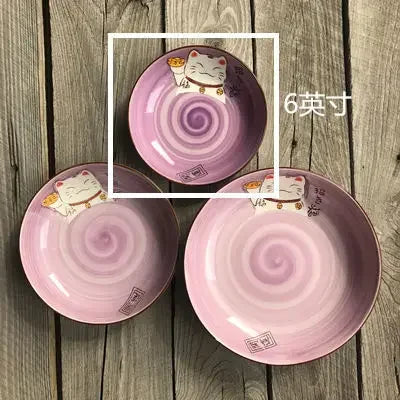 Multi-Color Cartoon Lucky Cat Round Ceramic Plate | Joyful Dining