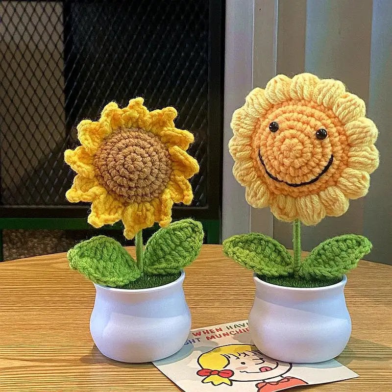 Hand Woven Potted Flower Decoration | Knitted Sunflower Bouquet
