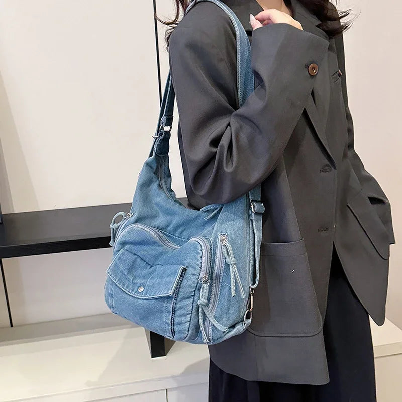 Trendy Solid Color Denim Shoulder Bag | Versatile Women's Crossbody