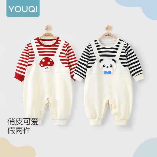 【Youqi】Chinese Baby Clothes Autumn Style Long-Sleeve Romper Fake Two-Piece Suspender Jumpsuit Outdoor Wear Crawling Suit