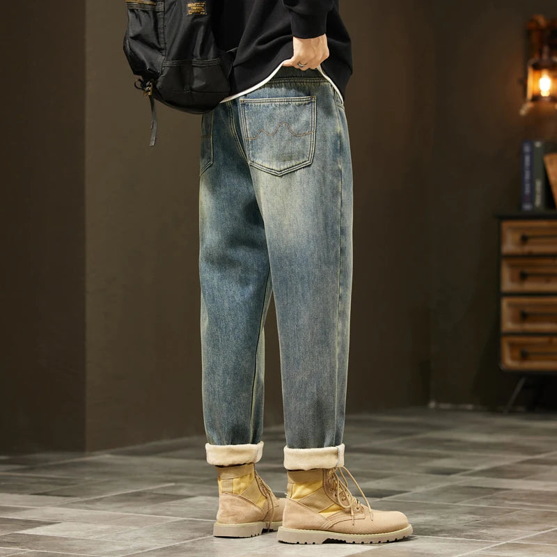 Men's Retro Loose Winter Fleece Jeans | Warm Plush Velvet Pants