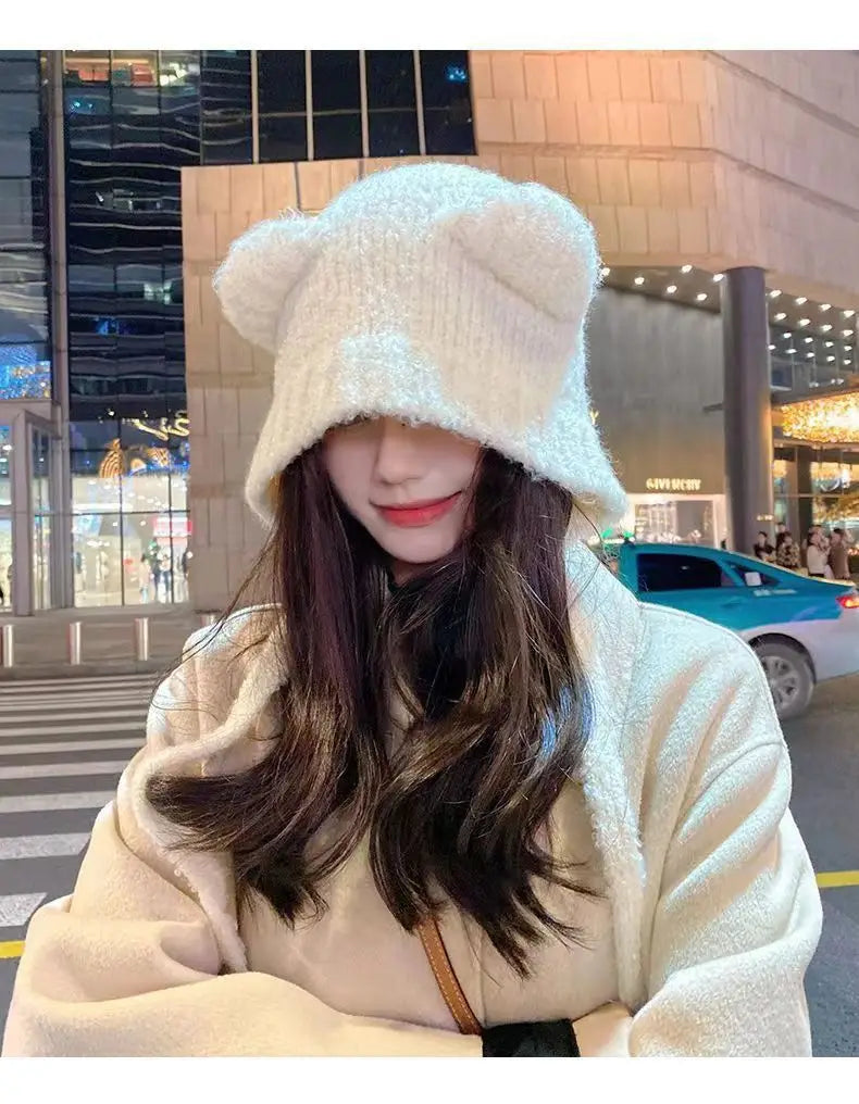 Women's Cute Bear Ear Plush Beanie | Cozy Winter Bomber Hat