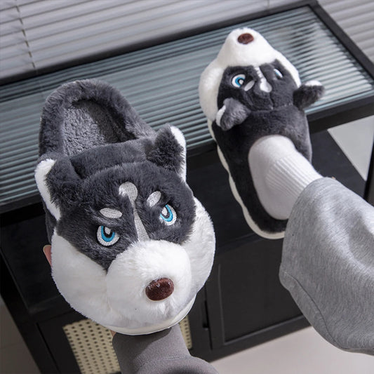 Lindas Pantuflas de Felpa 3D de Husky | Acogedoras Zapatillas de Perro Peludas para Interiores