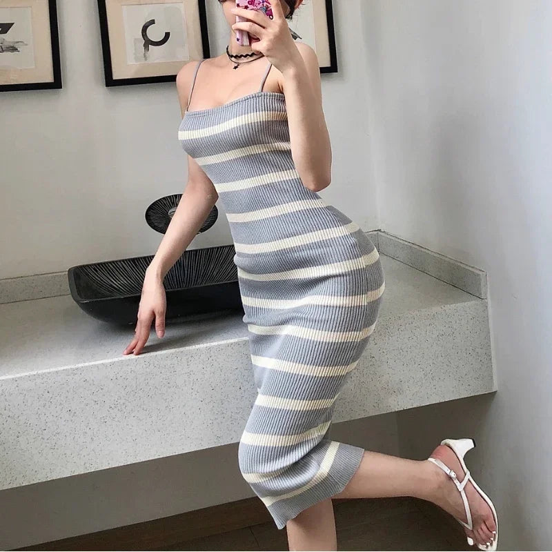 Summer Sexy Knitting Sleeveless Dress | Vintage Striped Bodycon Midi