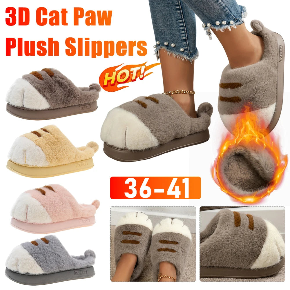 3D Cat Paw Plush Slippers | Cozy Warm Winter House Shoes
