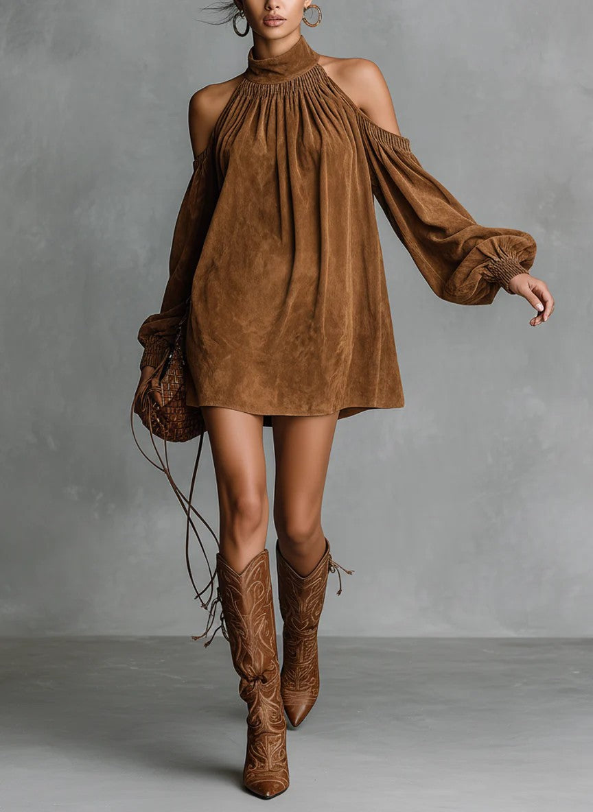 Chic Halter Neck Off-Shoulder Mini Dress with Lantern Sleeves