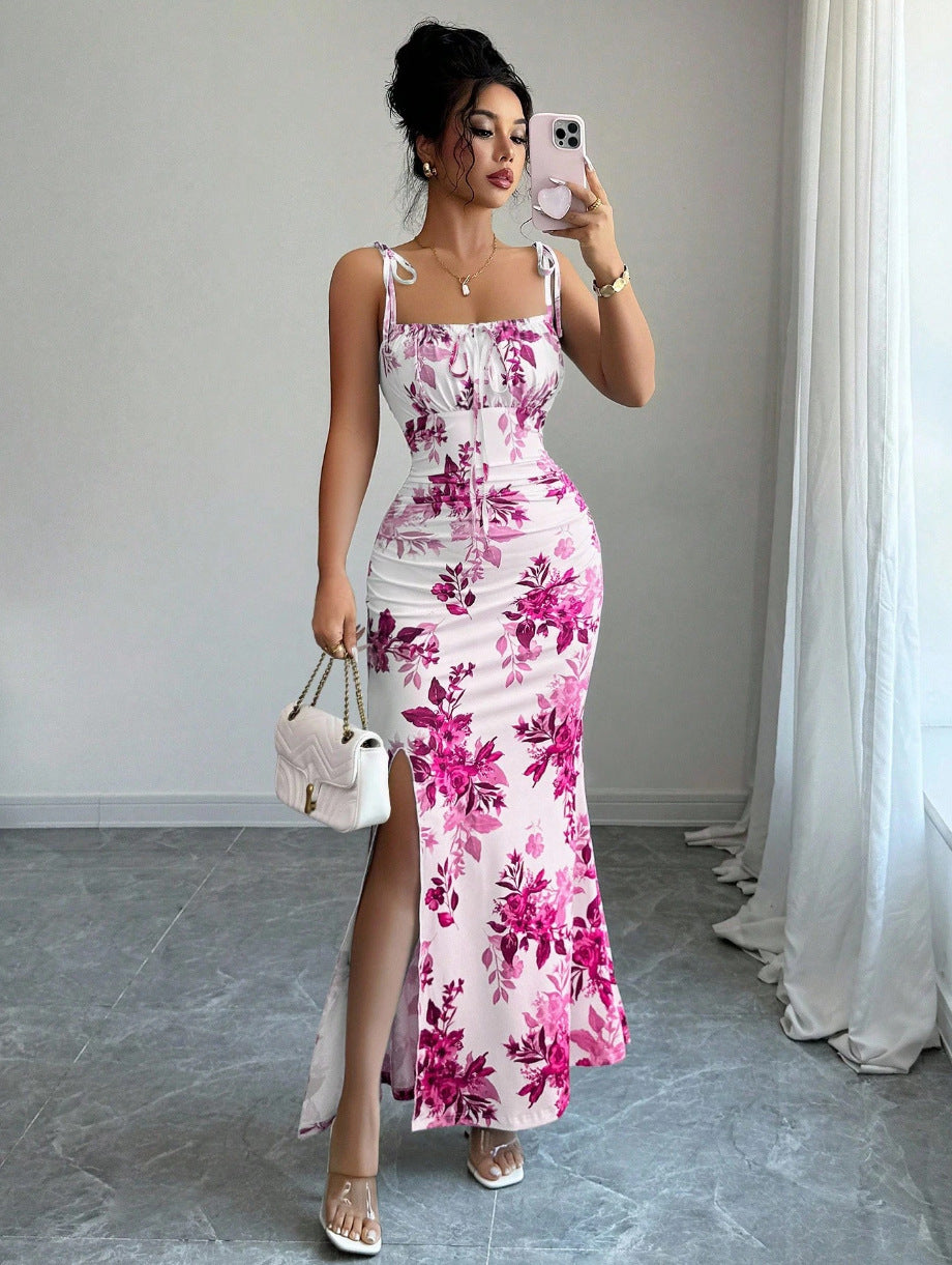 Floral Spaghetti Strap Slim Fit Slit Dress | Feminine & Stylish